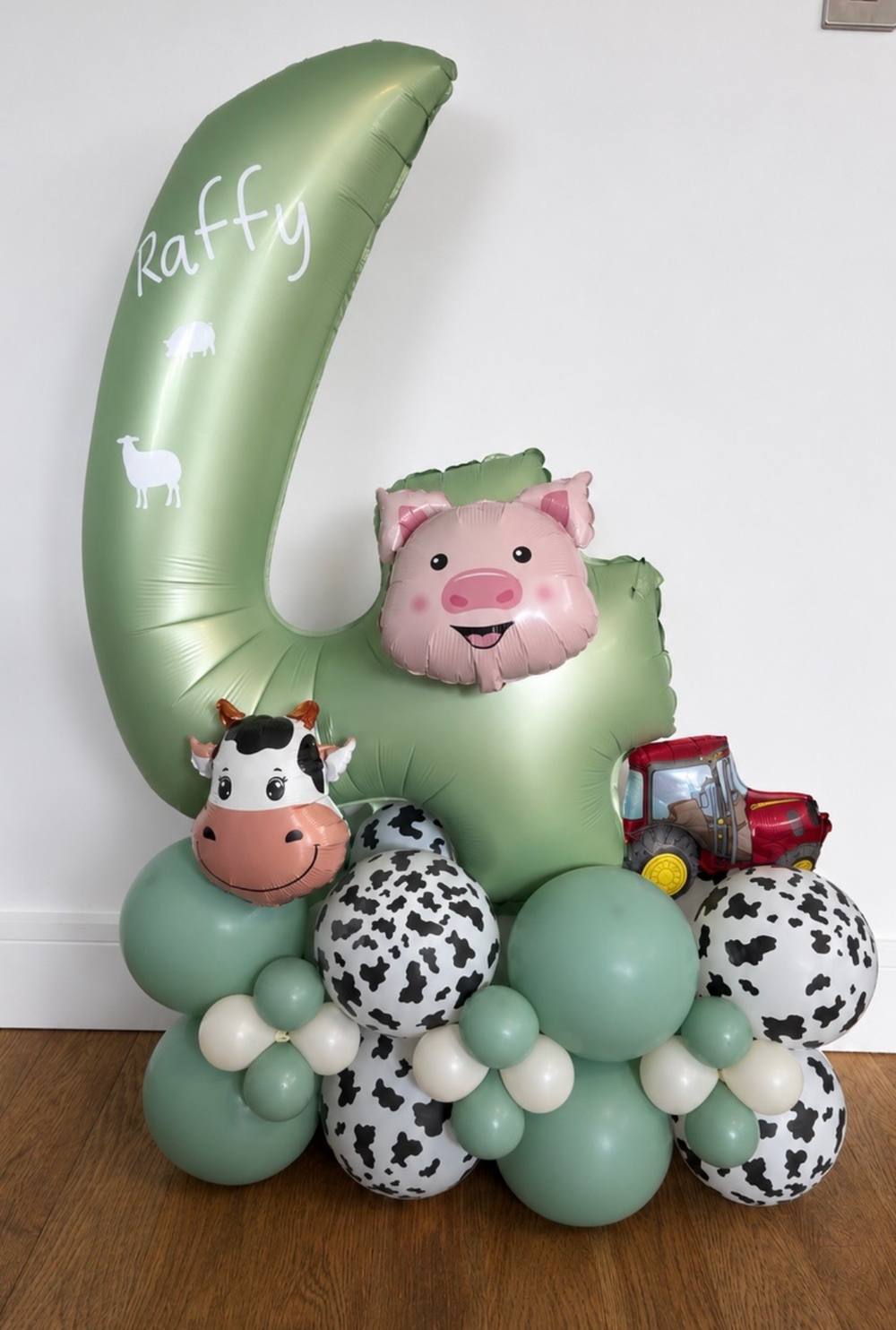Farm animal themed number balloon stack, personalised Raffy