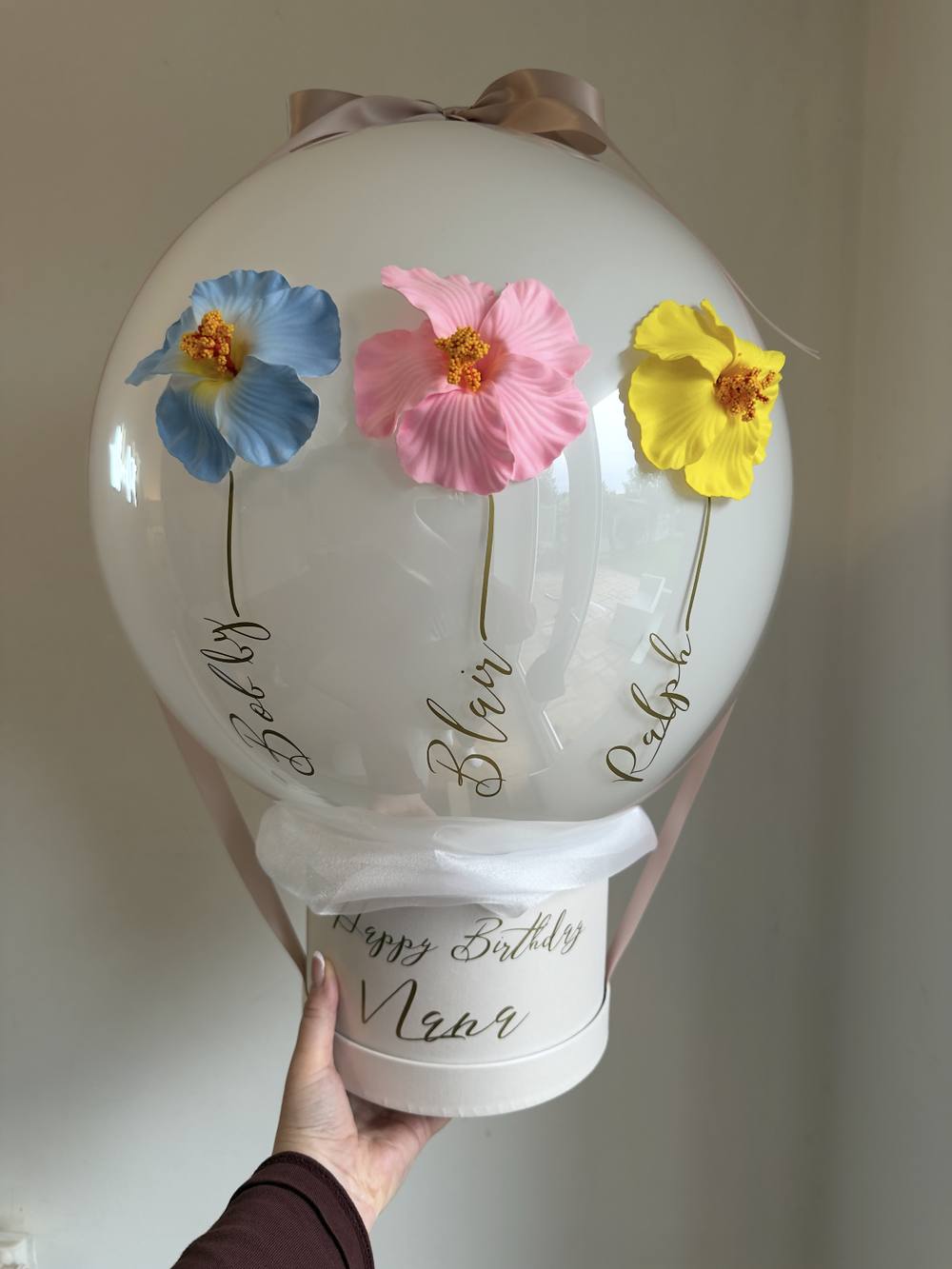 Flower topped bubble balloon for a birthday, personalised Nana