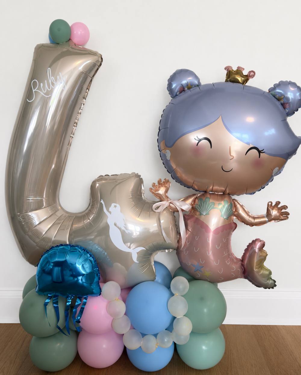 Mermaid themed number balloon stack for a first birthday, personalised Ruby
