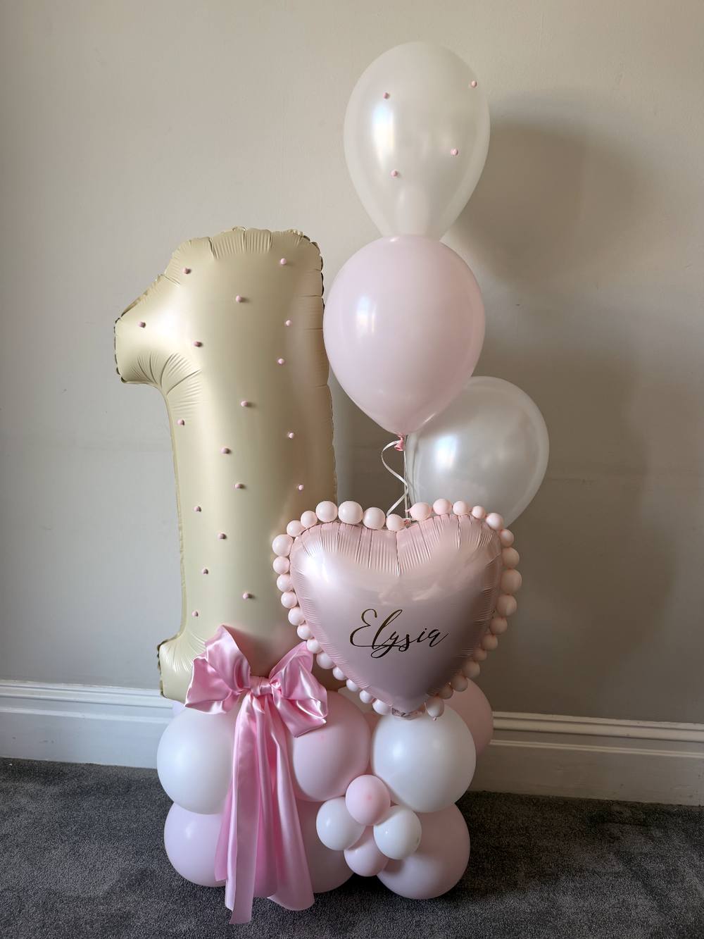 Pink and gold number one balloon stack with personalised heart, Elysia