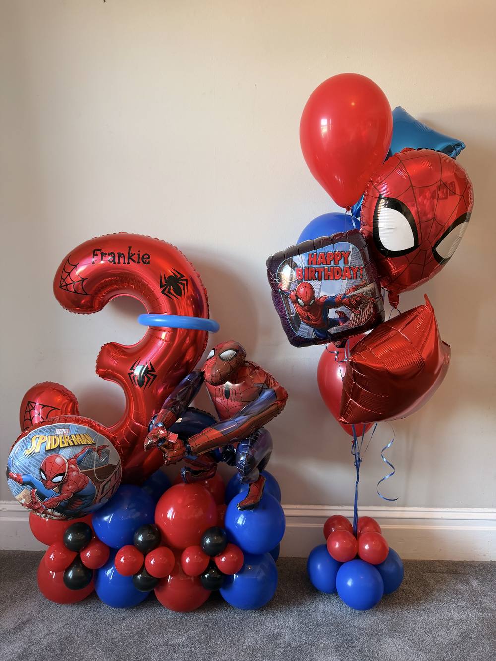 Spider-Man themed number three balloon stack, personalised Frankie