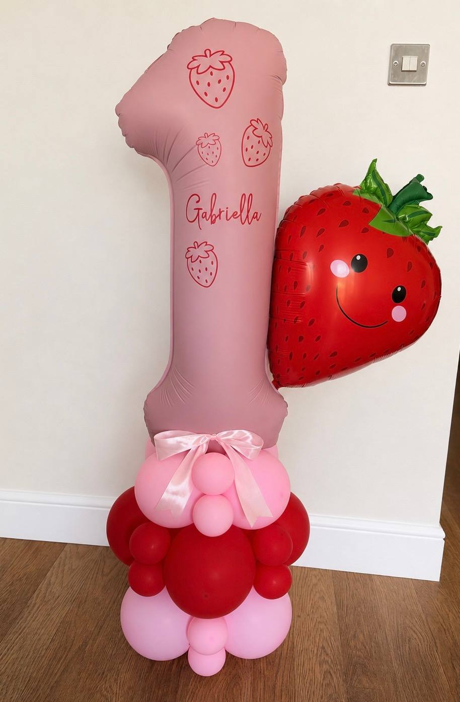 Strawberry themed number one balloon stack, personalised Gabriella